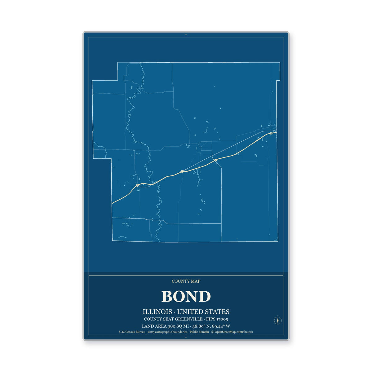 Bond County, Illinois Map Aluminum Sign in Harbor Cobalt style