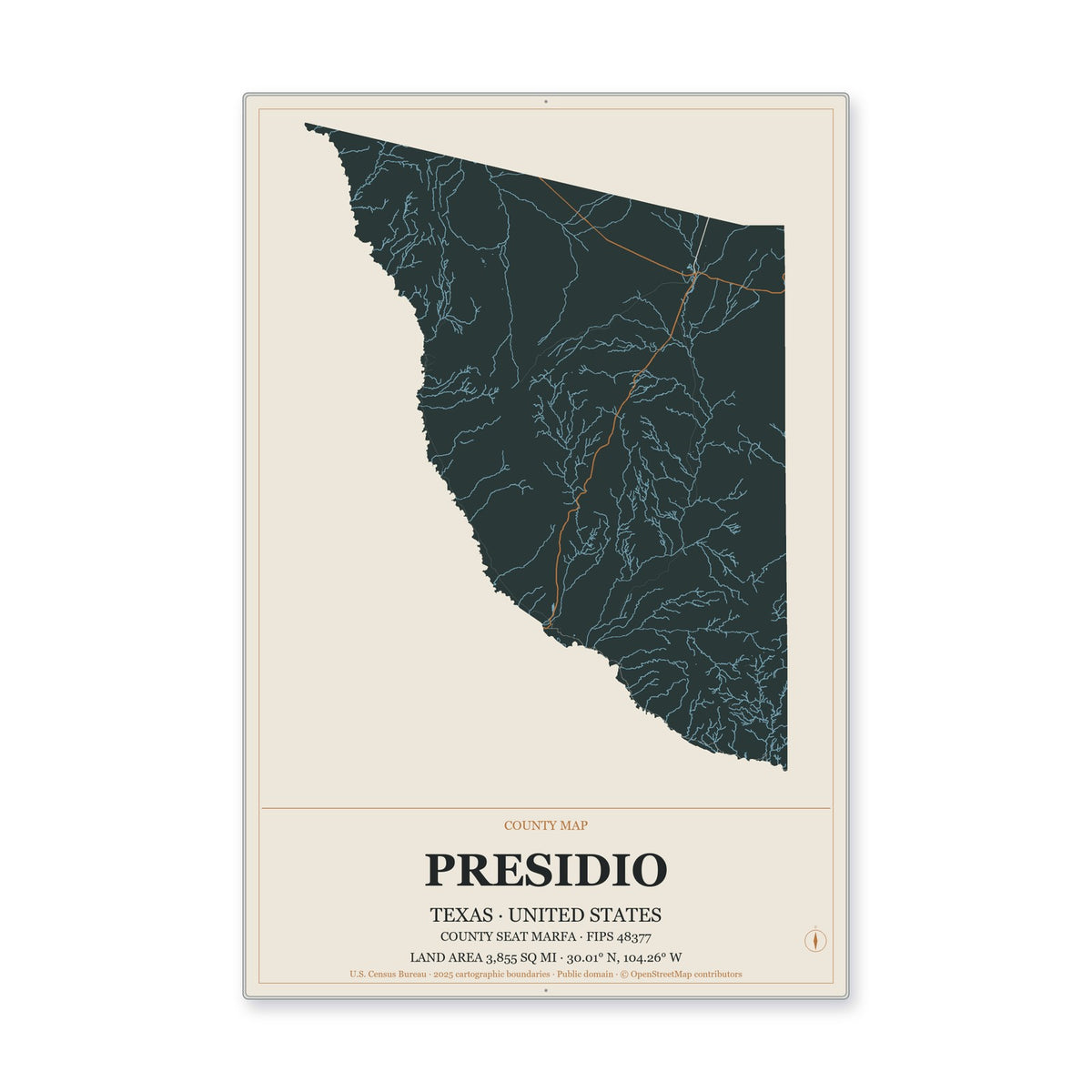 Presidio County, Texas Map Aluminum Sign in Headline Atlas style