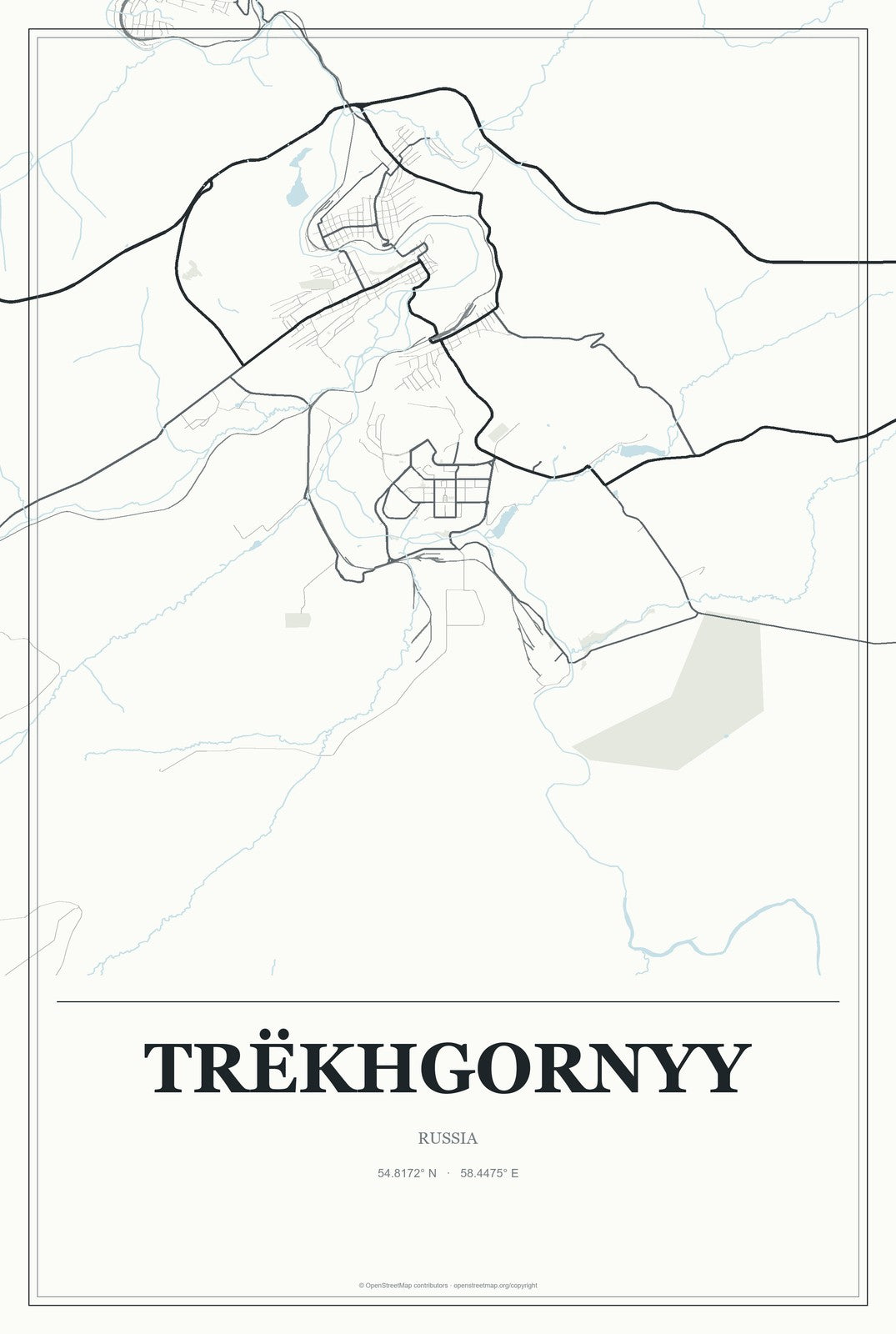 Trëkhgornyy, Russia City Map Aluminum Sign in Gallery Air style