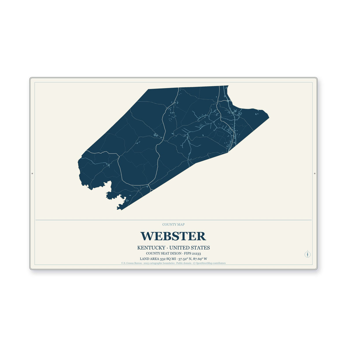 Webster County, Kentucky Map Aluminum Sign in Coastal Cutout style