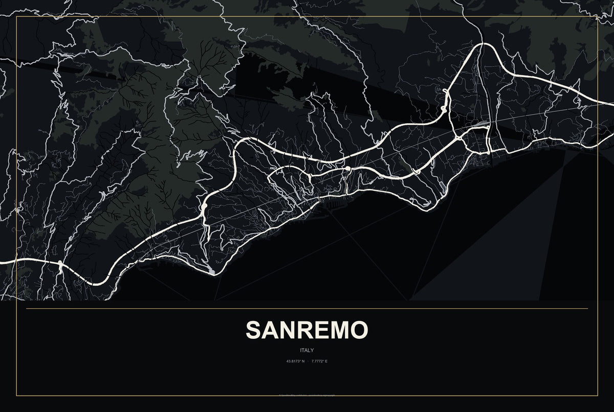 Sanremo, Italy City Map Aluminum Sign in Metropolitan Noir style