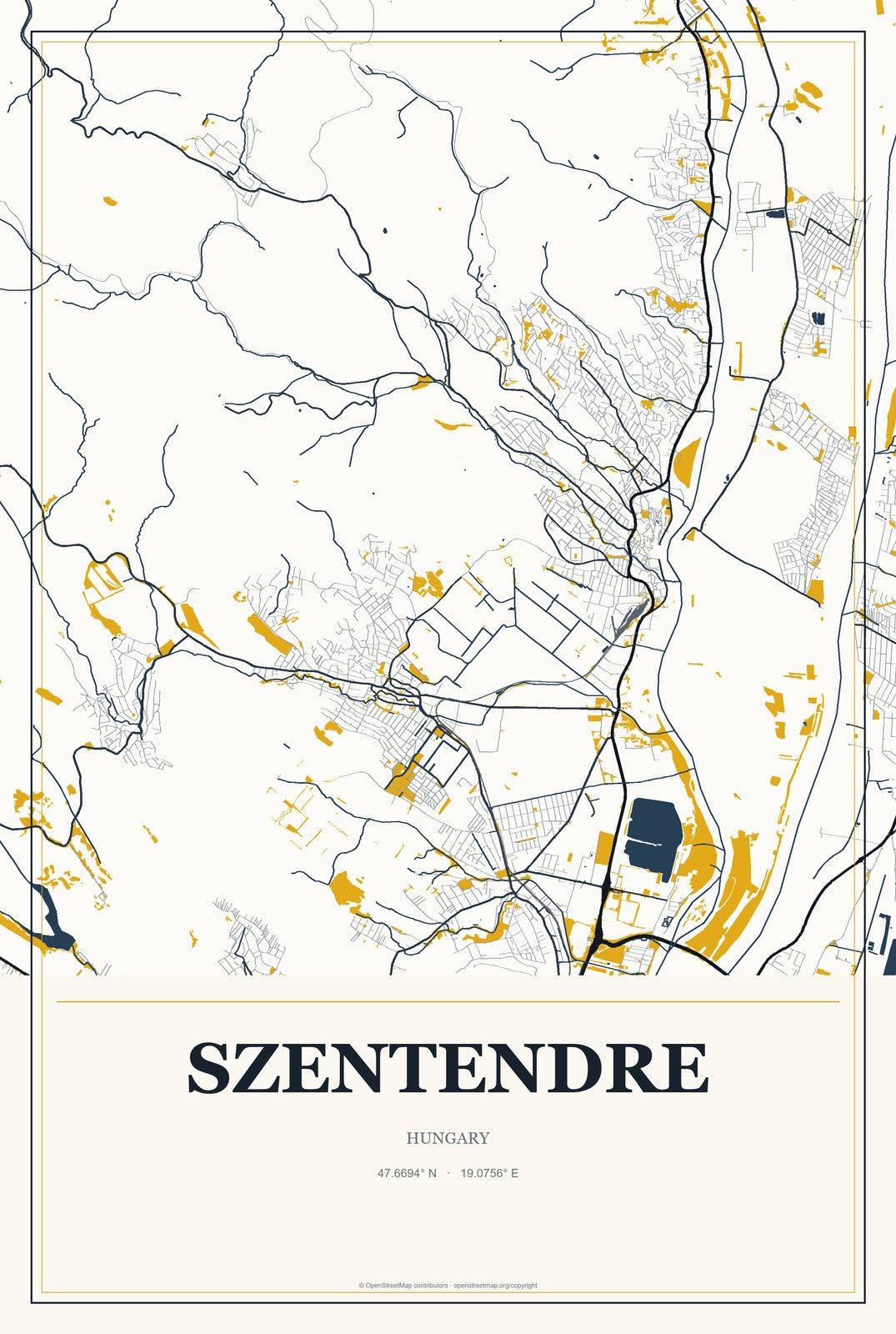 Szentendre, Hungary City Map Aluminum Sign in Citrine Modern style