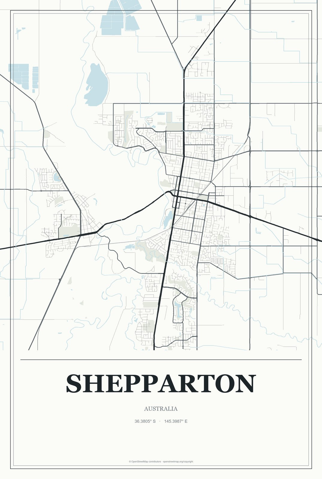 Shepparton, Australia City Map Aluminum Sign in Gallery Air style