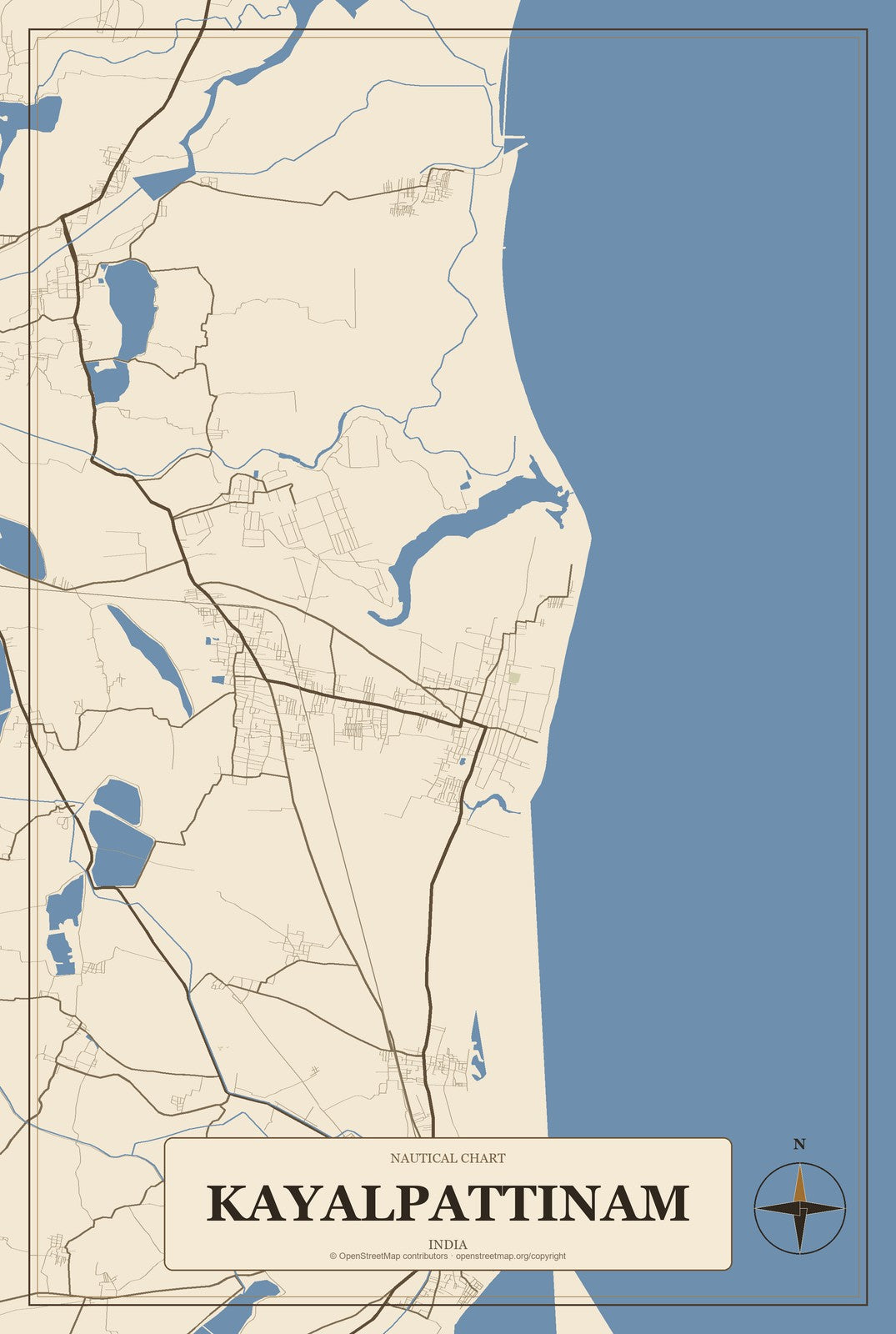 Kayalpattinam, India City Map Aluminum Sign in Heritage Nautical style