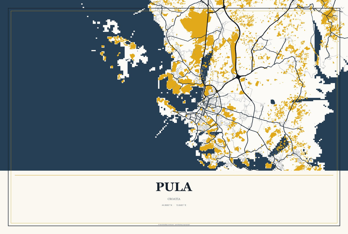 Pula, Croatia City Map Aluminum Sign in Citrine Modern style