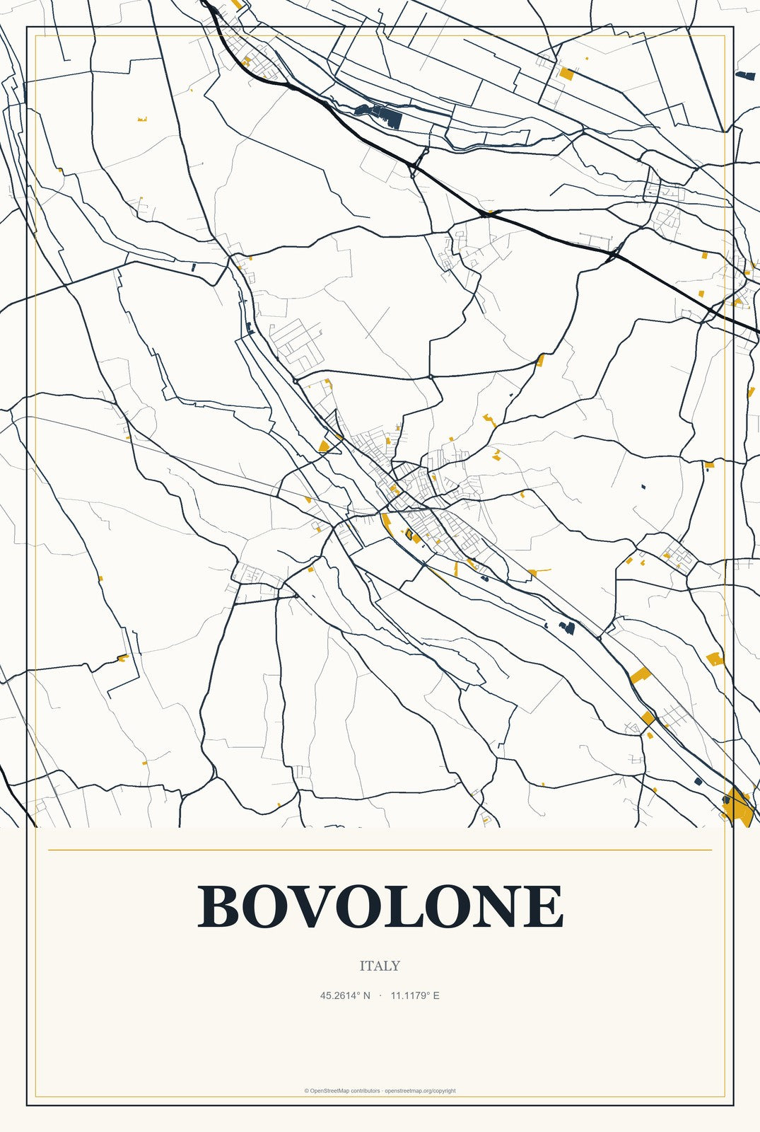 Bovolone, Italy City Map Aluminum Sign in Citrine Modern style