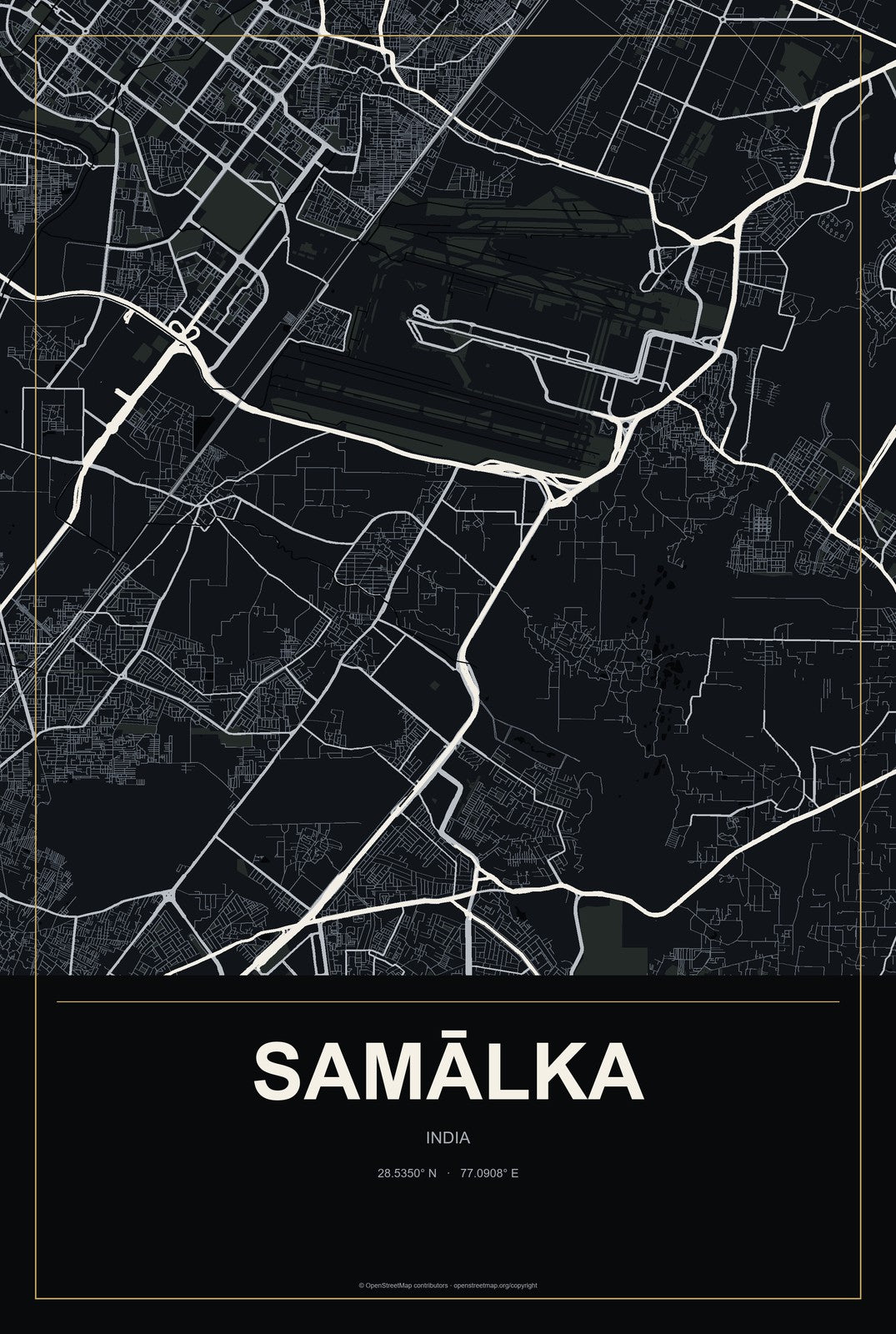 Samālka, India City Map Aluminum Sign in Metropolitan Noir style