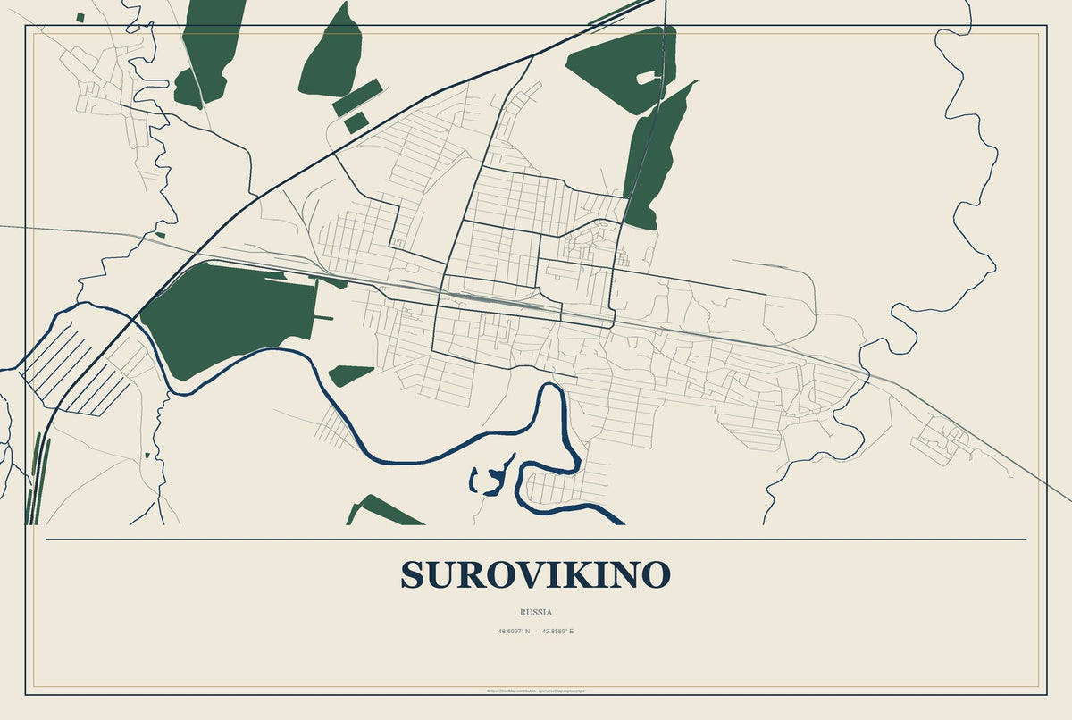 Surovikino, Russia City Map Aluminum Sign in Coastal Cutout style