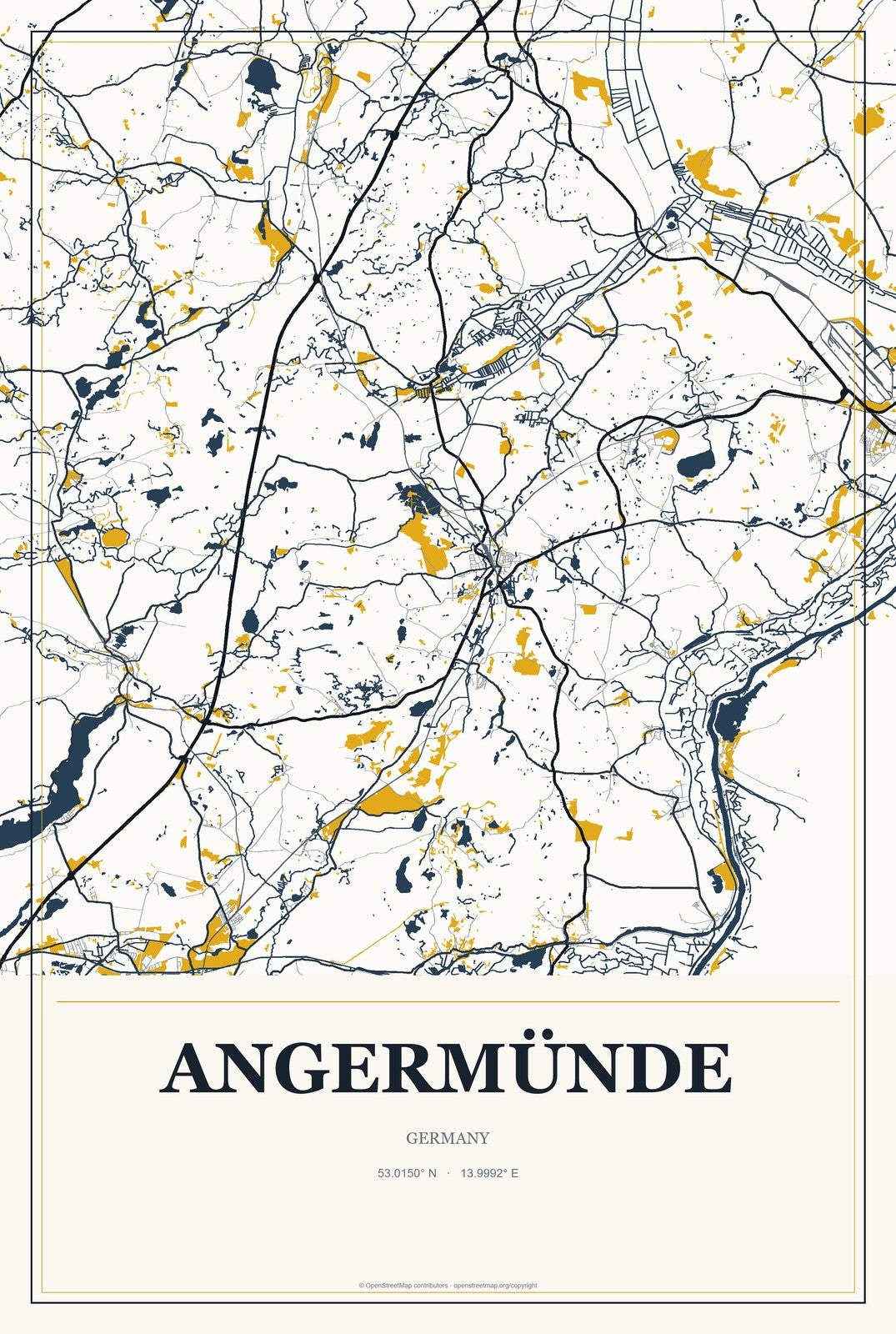 Angermünde, Germany City Map Aluminum Sign in Citrine Modern style
