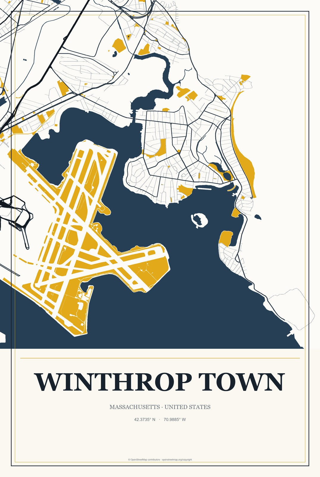 Winthrop Town, Massachusetts City Map Aluminum Sign in Citrine Modern style