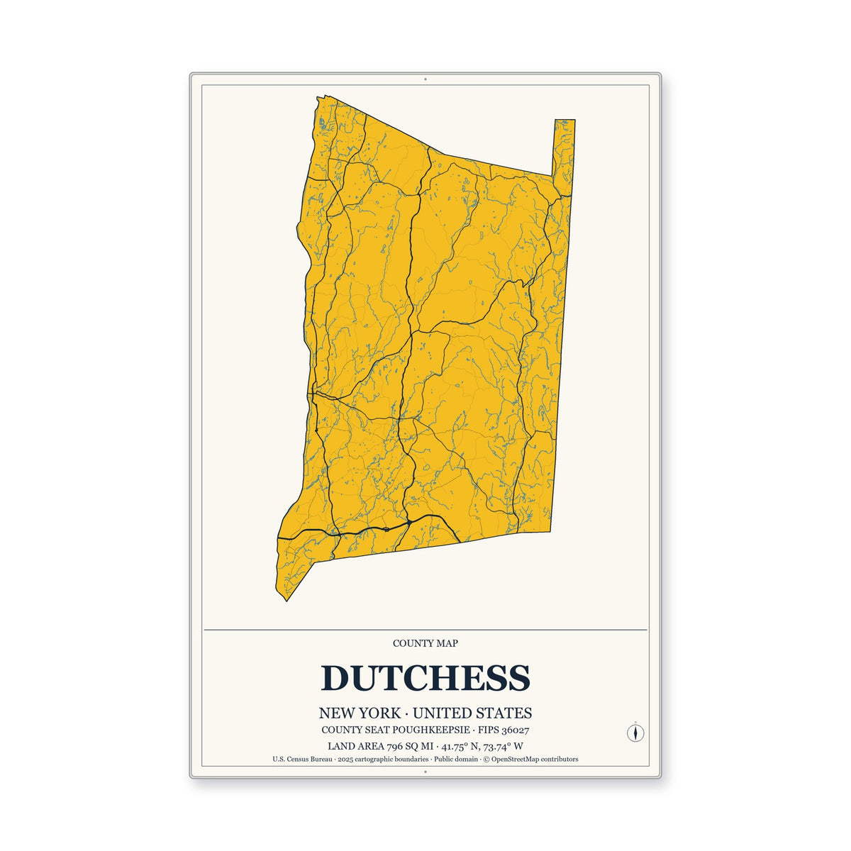 Dutchess County, New York Map Aluminum Sign in Citrine Modern style