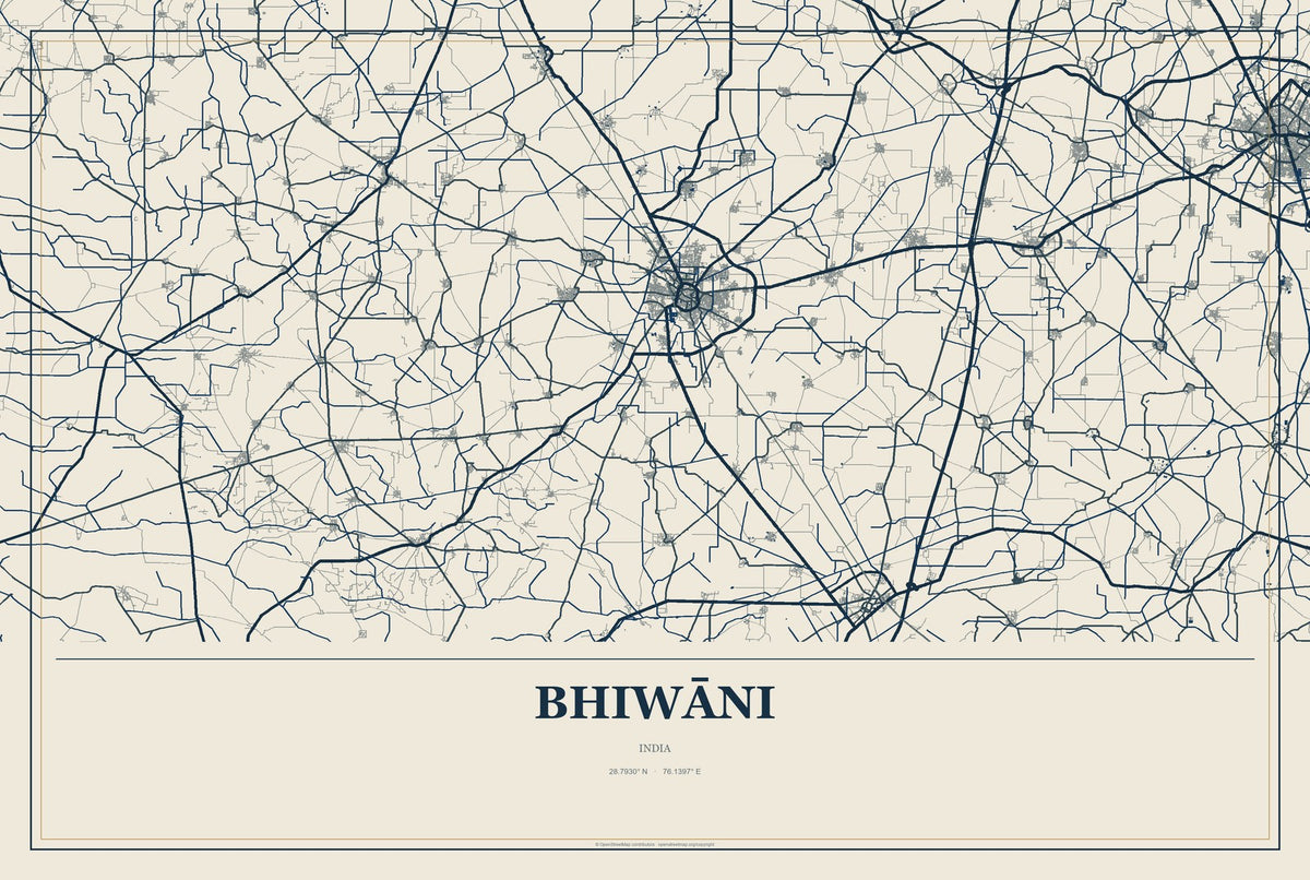 Bhiwāni, India City Map Aluminum Sign in Coastal Cutout style