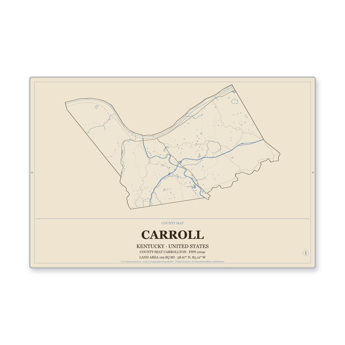 Carroll County, Kentucky Map Aluminum Sign in Heritage Nautical style