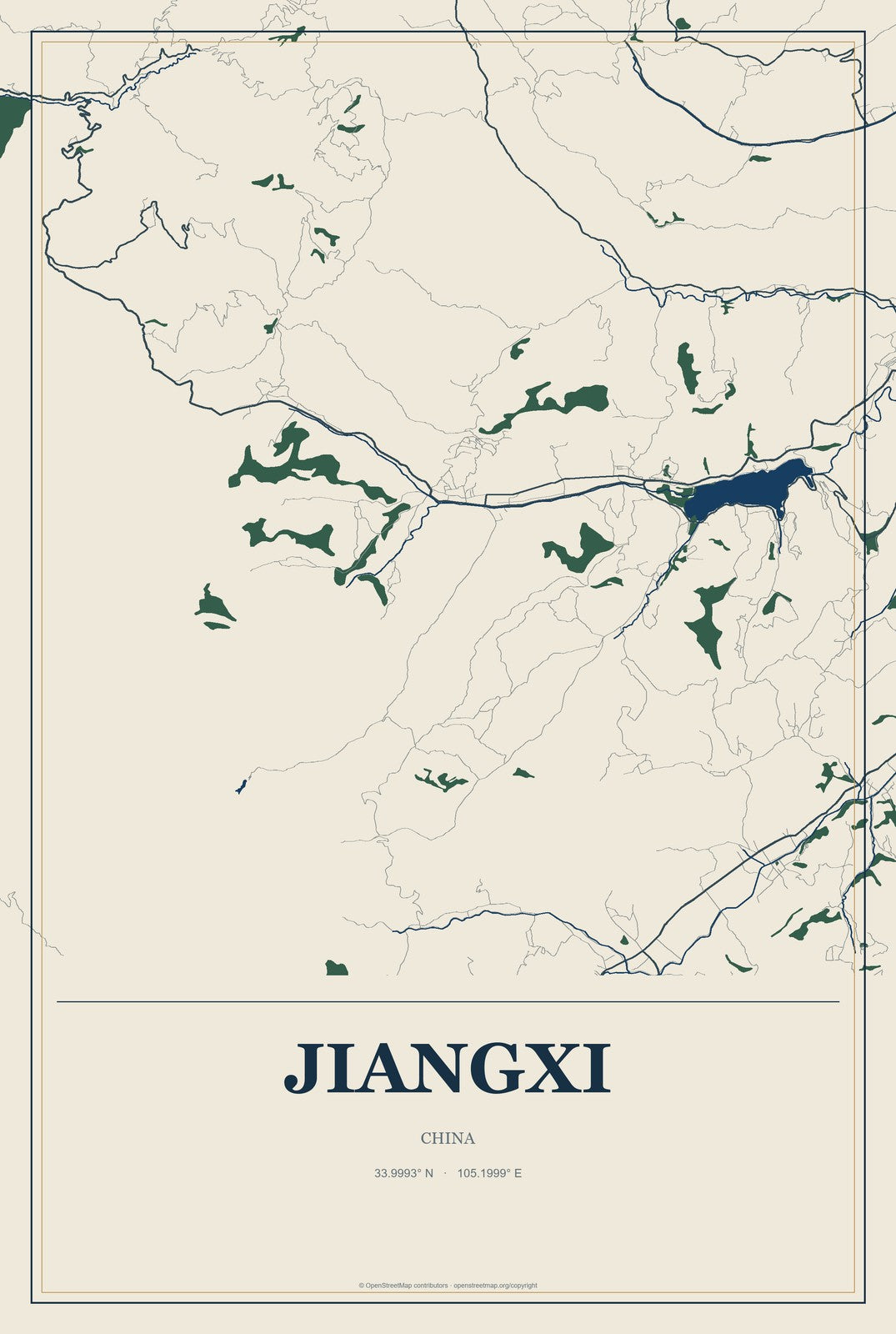 Jiangxi, China City Map Aluminum Sign in Coastal Cutout style
