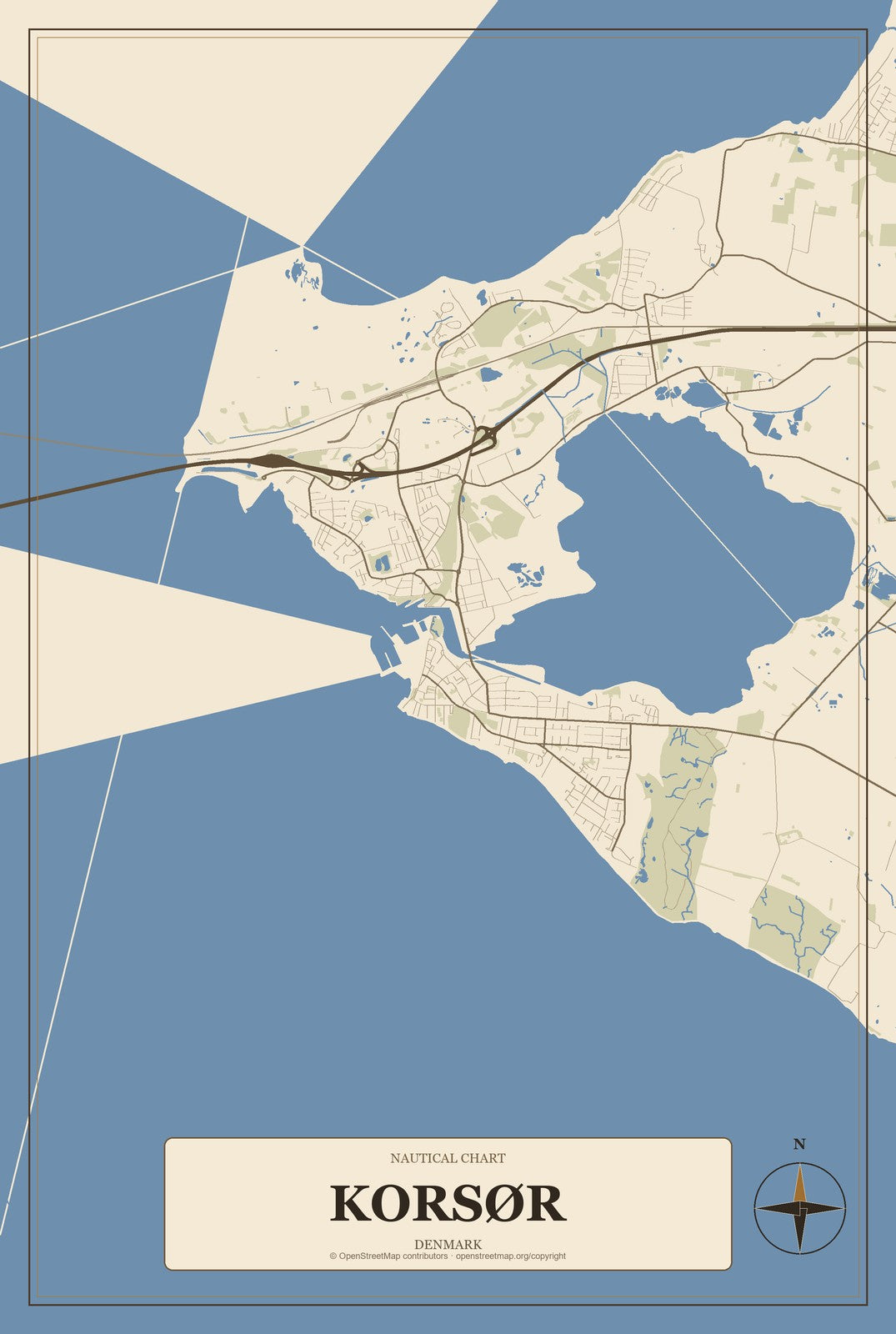 Korsør, Denmark City Map Aluminum Sign in Heritage Nautical style