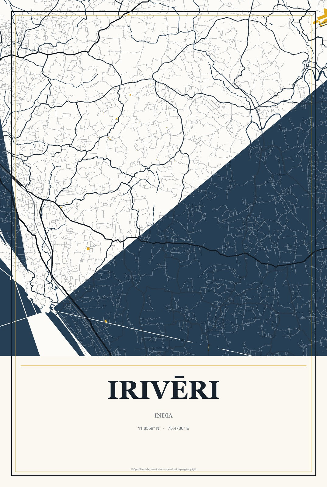 Irivēri, India City Map Aluminum Sign in Citrine Modern style