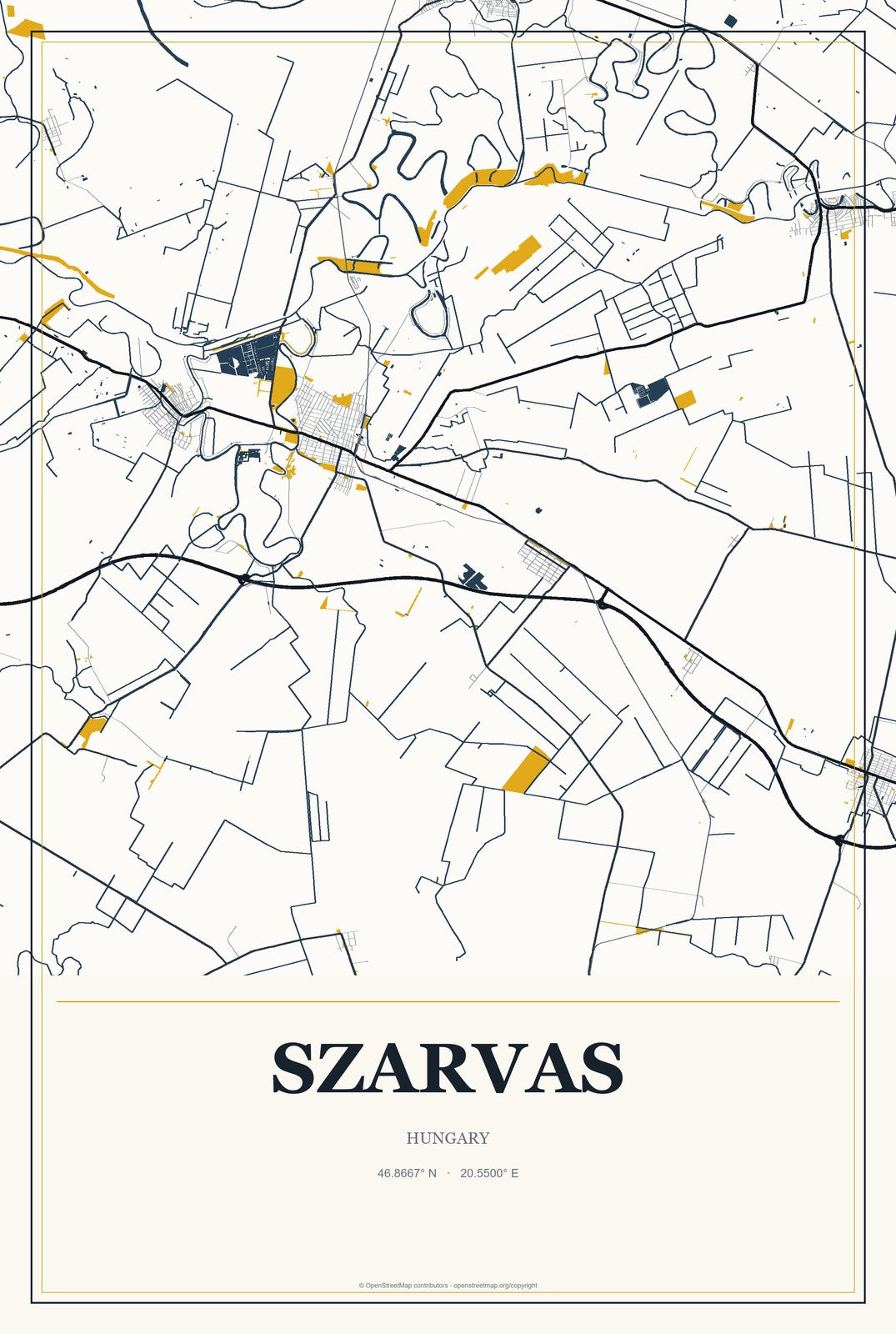 Szarvas, Hungary City Map Aluminum Sign in Citrine Modern style