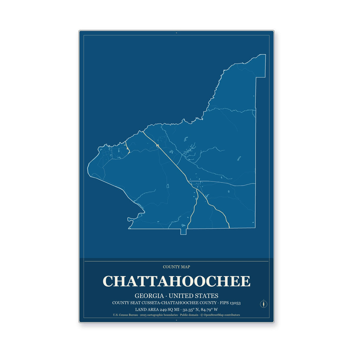 Chattahoochee County, Georgia Map Aluminum Sign in Harbor Cobalt style