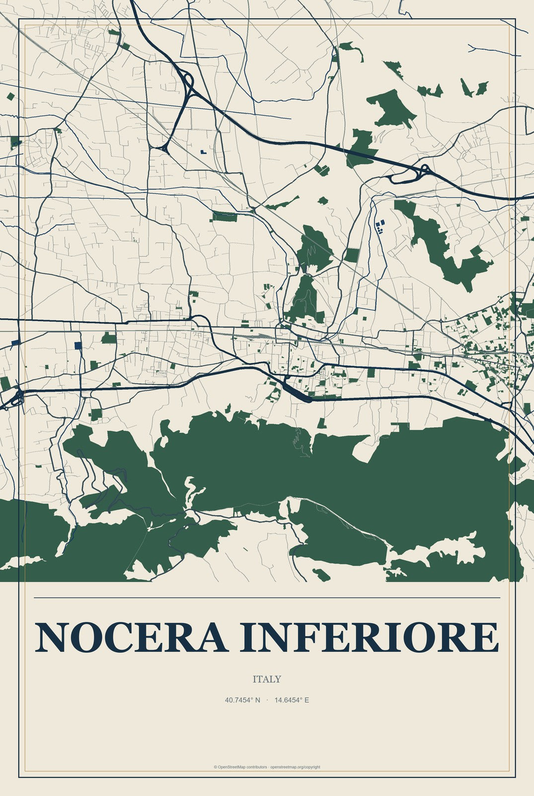 Nocera Inferiore, Italy City Map Aluminum Sign in Coastal Cutout style