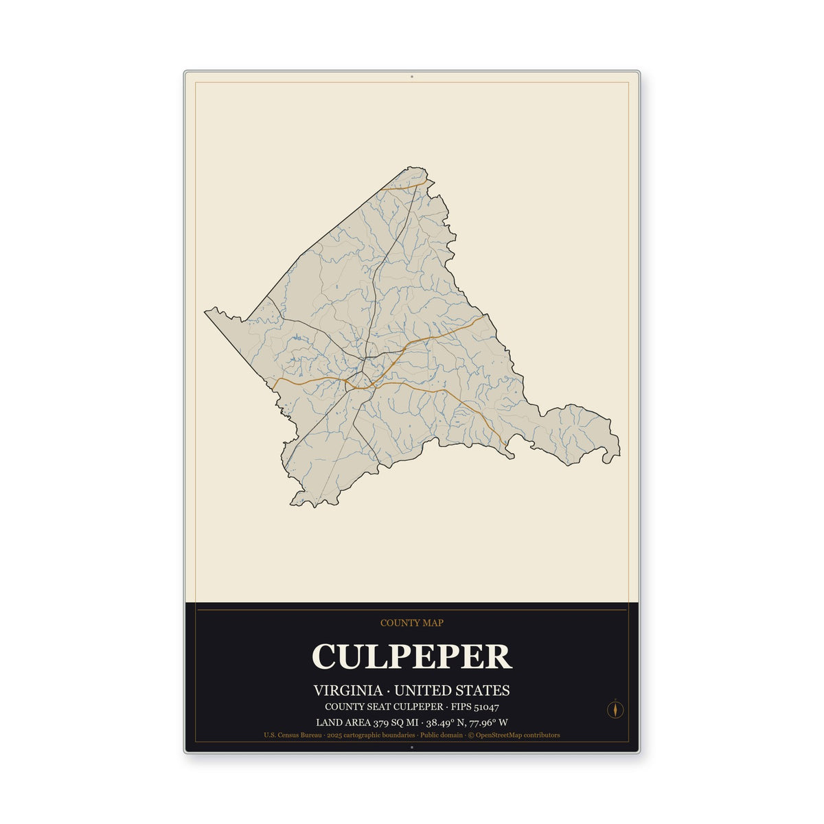 Culpeper County, Virginia Map Aluminum Sign in Museum Plaque style