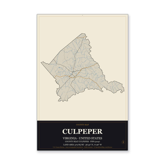 Culpeper County, Virginia Map Aluminum Sign in Museum Plaque style