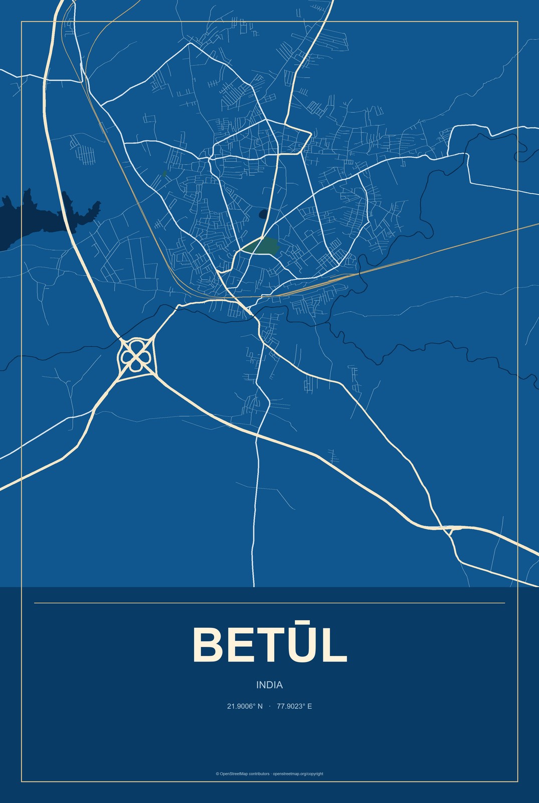 Betūl, India City Map Aluminum Sign in Harbor Cobalt style