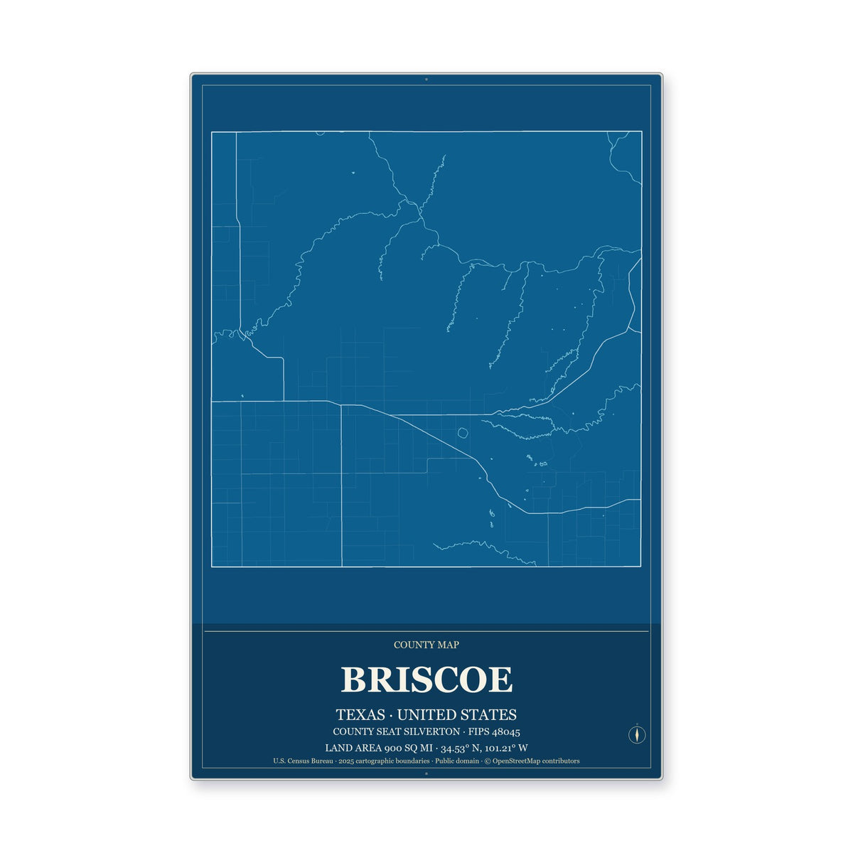 Briscoe County, Texas Map Aluminum Sign in Harbor Cobalt style