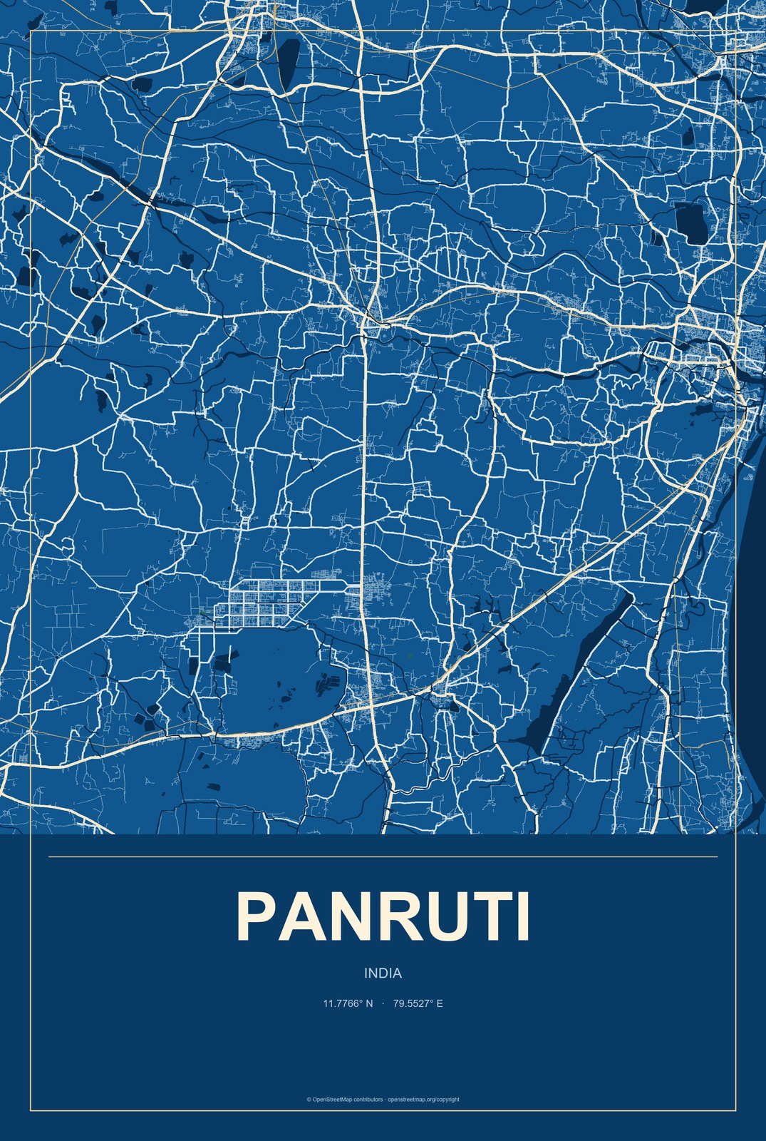 Panruti, India City Map Aluminum Sign in Harbor Cobalt style