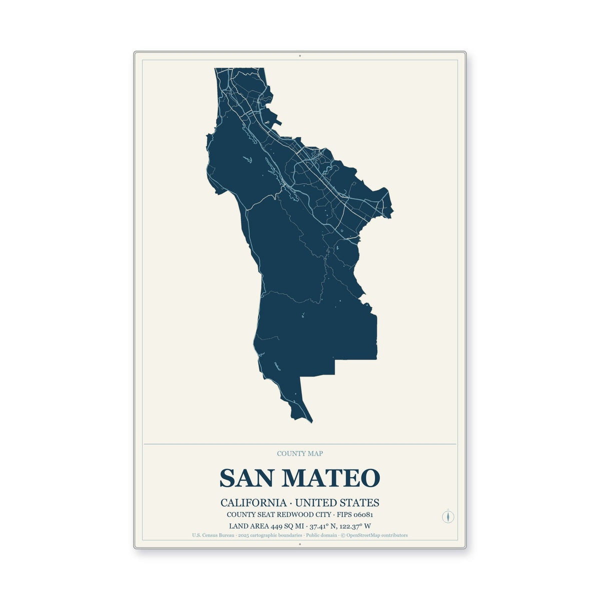 San Mateo County, California Map Aluminum Sign in Coastal Cutout style