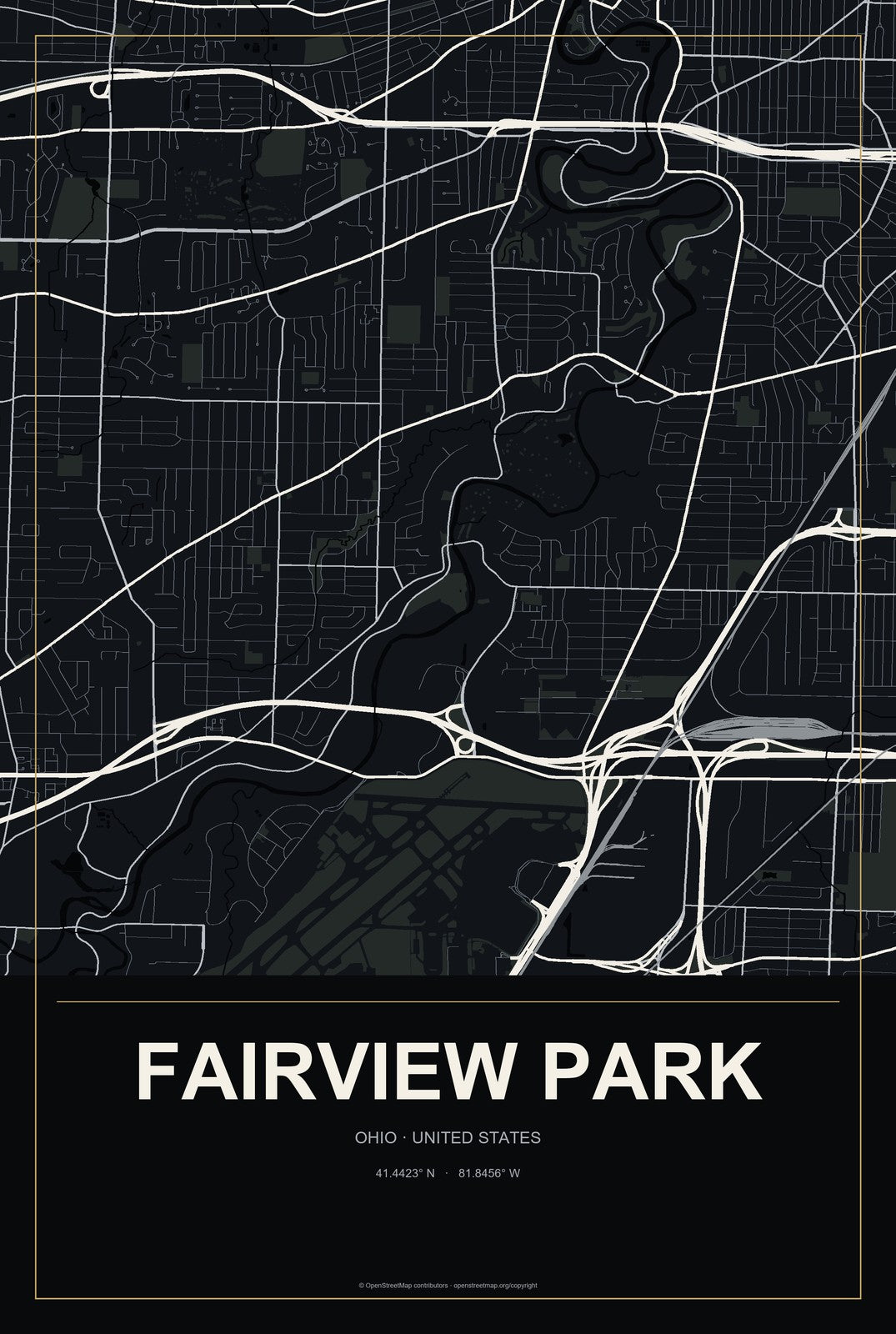 Fairview Park, Ohio City Map Aluminum Sign in Metropolitan Noir style