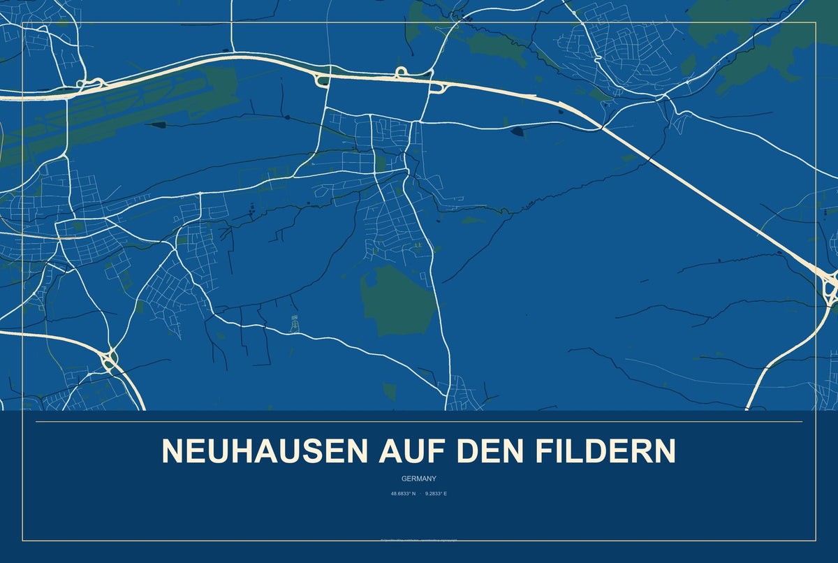 Neuhausen auf den Fildern, Germany City Map Aluminum Sign in Harbor Cobalt style