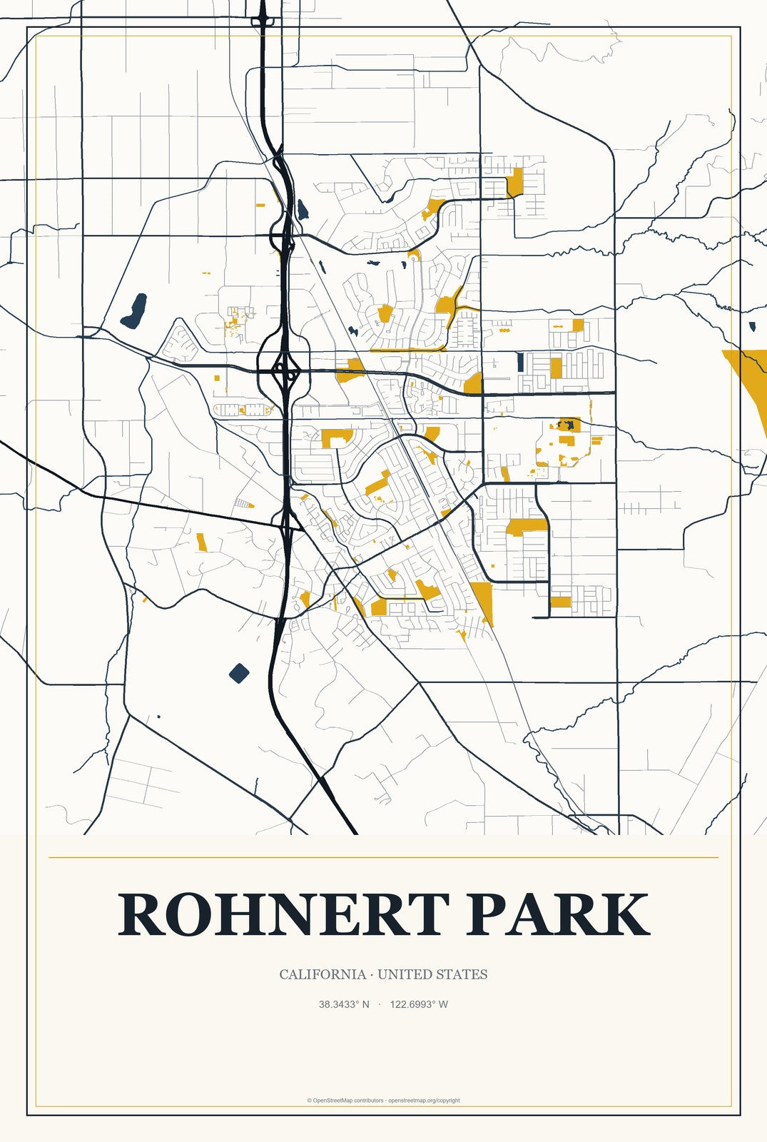 Rohnert Park, California City Map Aluminum Sign in Citrine Modern style
