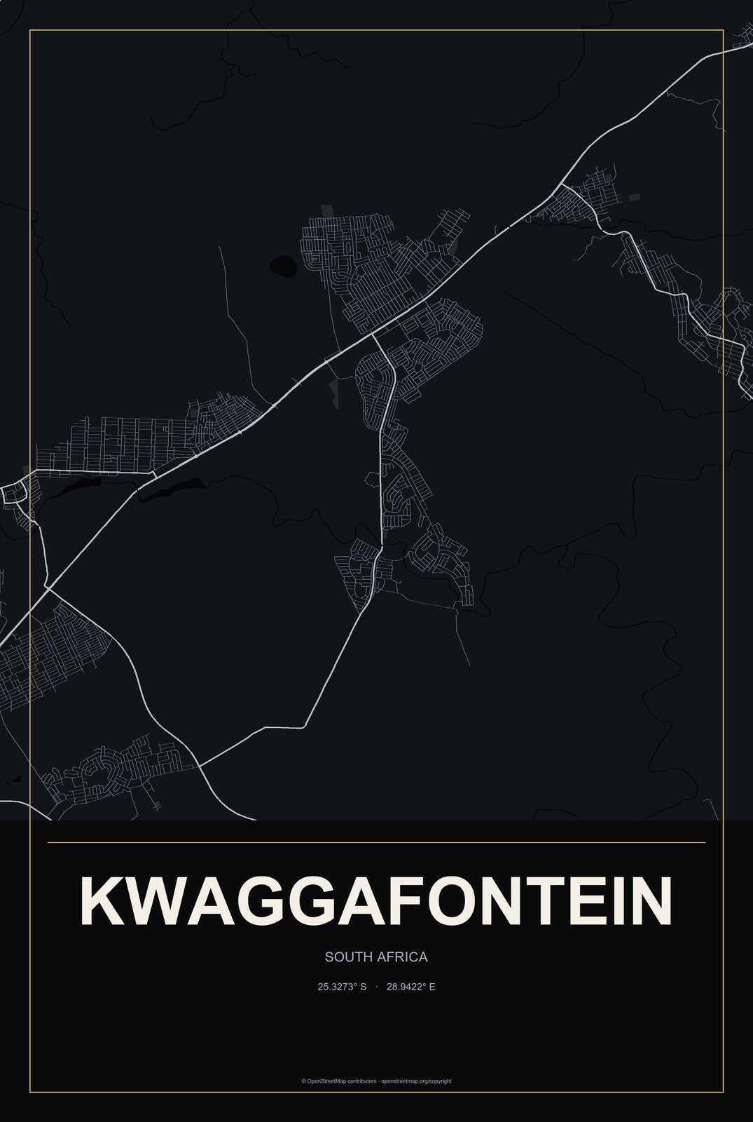 Kwaggafontein, South Africa City Map Aluminum Sign in Metropolitan Noir style