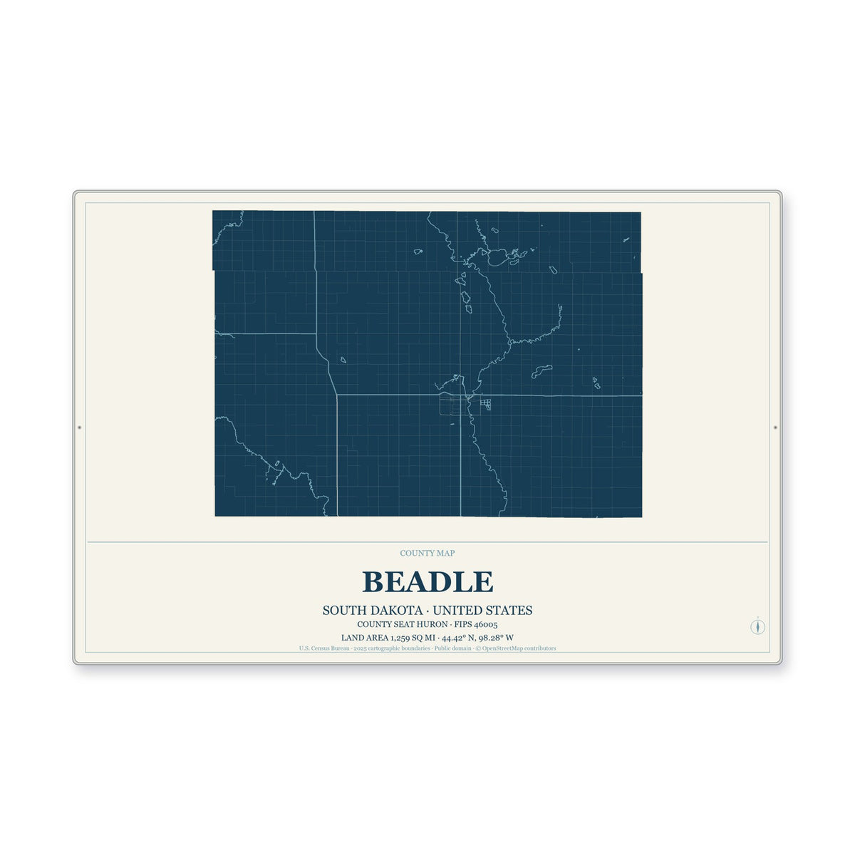Beadle County, South Dakota Map Aluminum Sign in Coastal Cutout style
