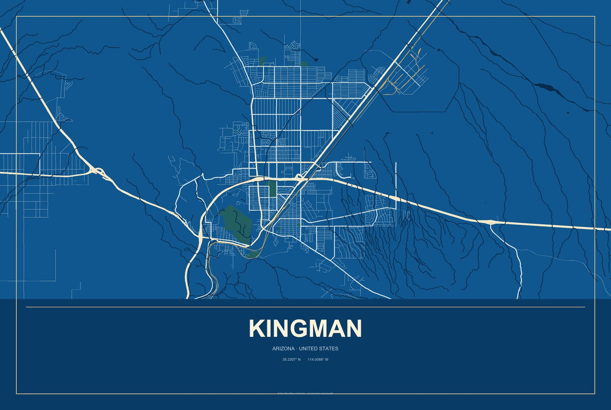 Kingman, Arizona City Map Aluminum Sign in Harbor Cobalt style