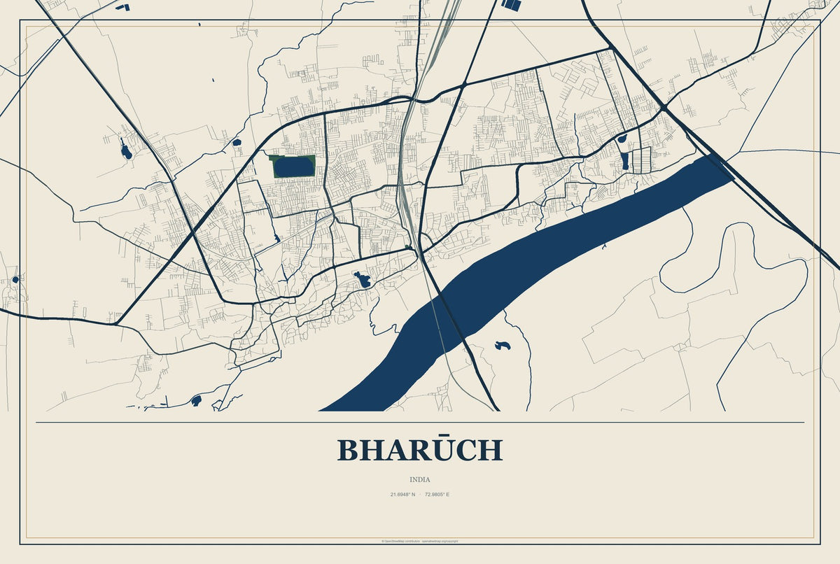Bharūch, India City Map Aluminum Sign in Coastal Cutout style