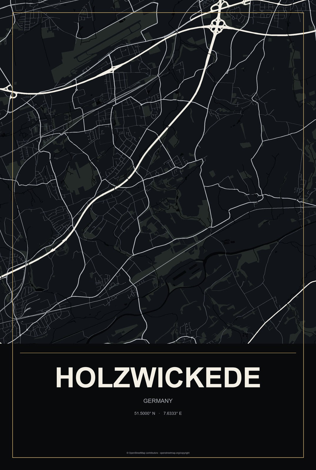 Holzwickede, Germany City Map Aluminum Sign in Metropolitan Noir style