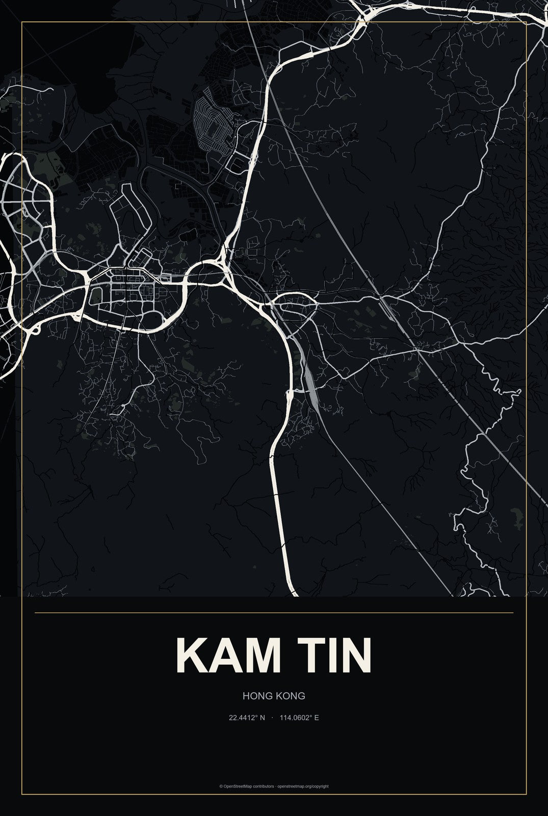 Kam Tin, Hong Kong City Map Aluminum Sign in Metropolitan Noir style