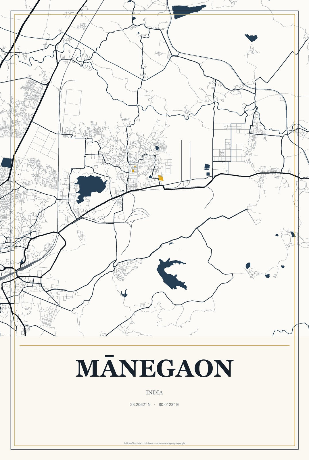 Mānegaon, India City Map Aluminum Sign in Citrine Modern style