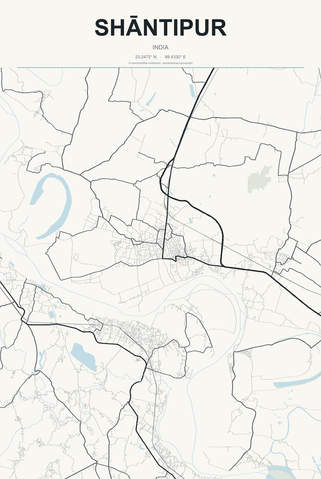 Shāntipur, India City Map Aluminum Sign in Headline Atlas style