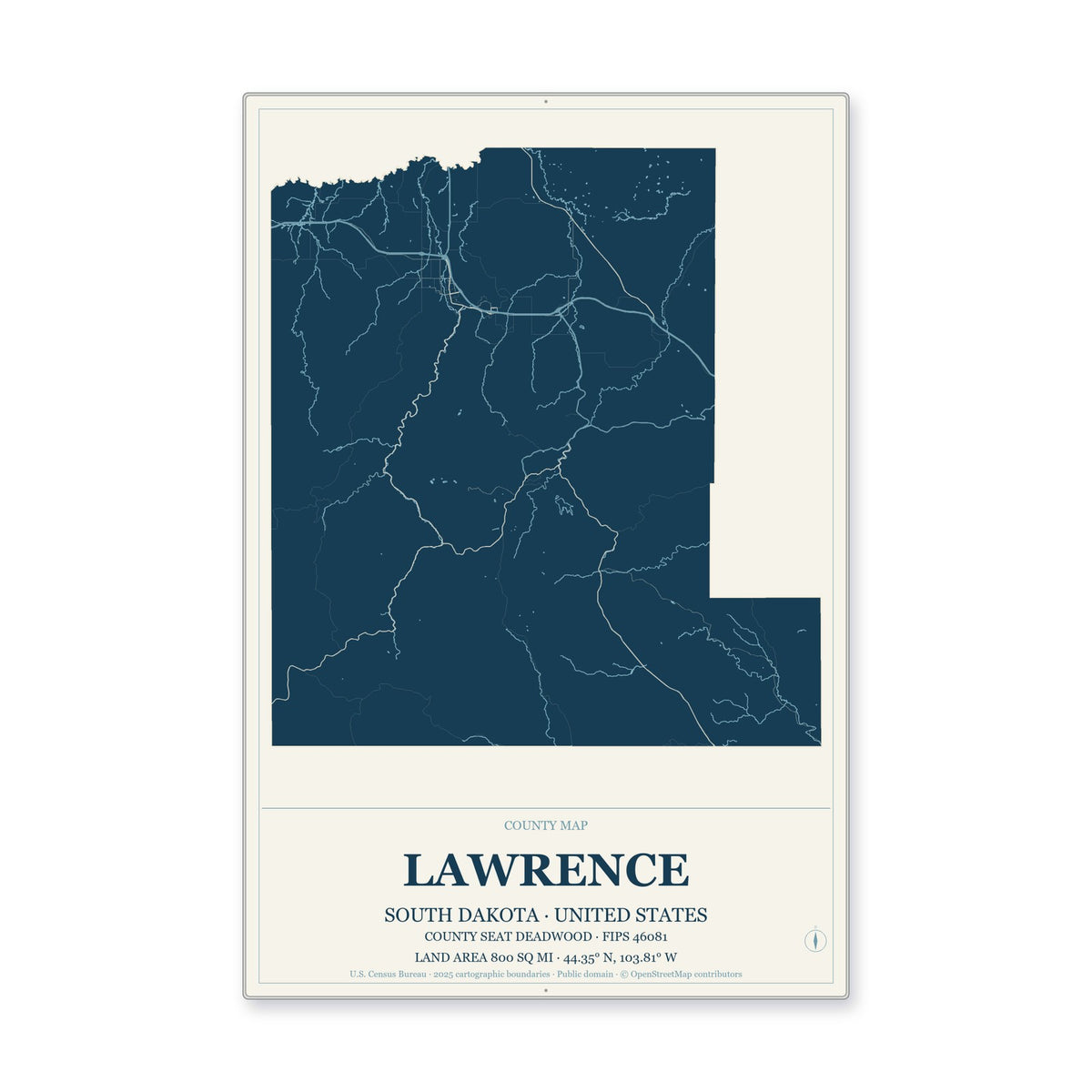 Lawrence County, South Dakota Map Aluminum Sign in Coastal Cutout style