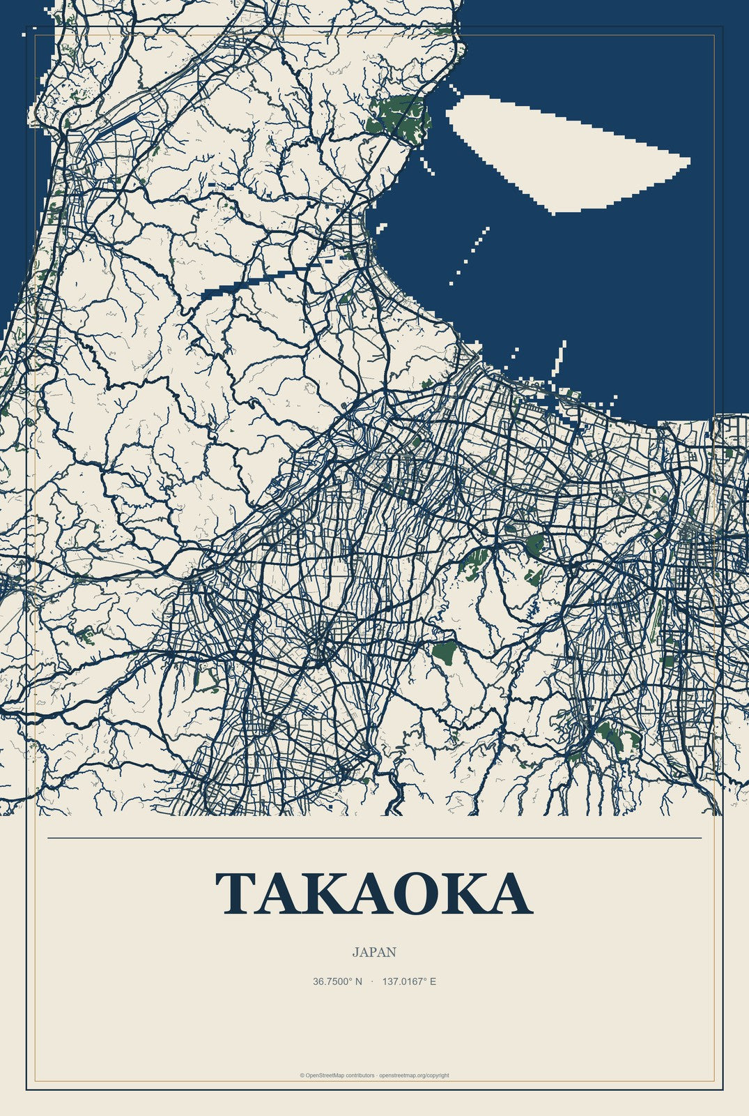 Takaoka, Japan City Map Aluminum Sign in Coastal Cutout style
