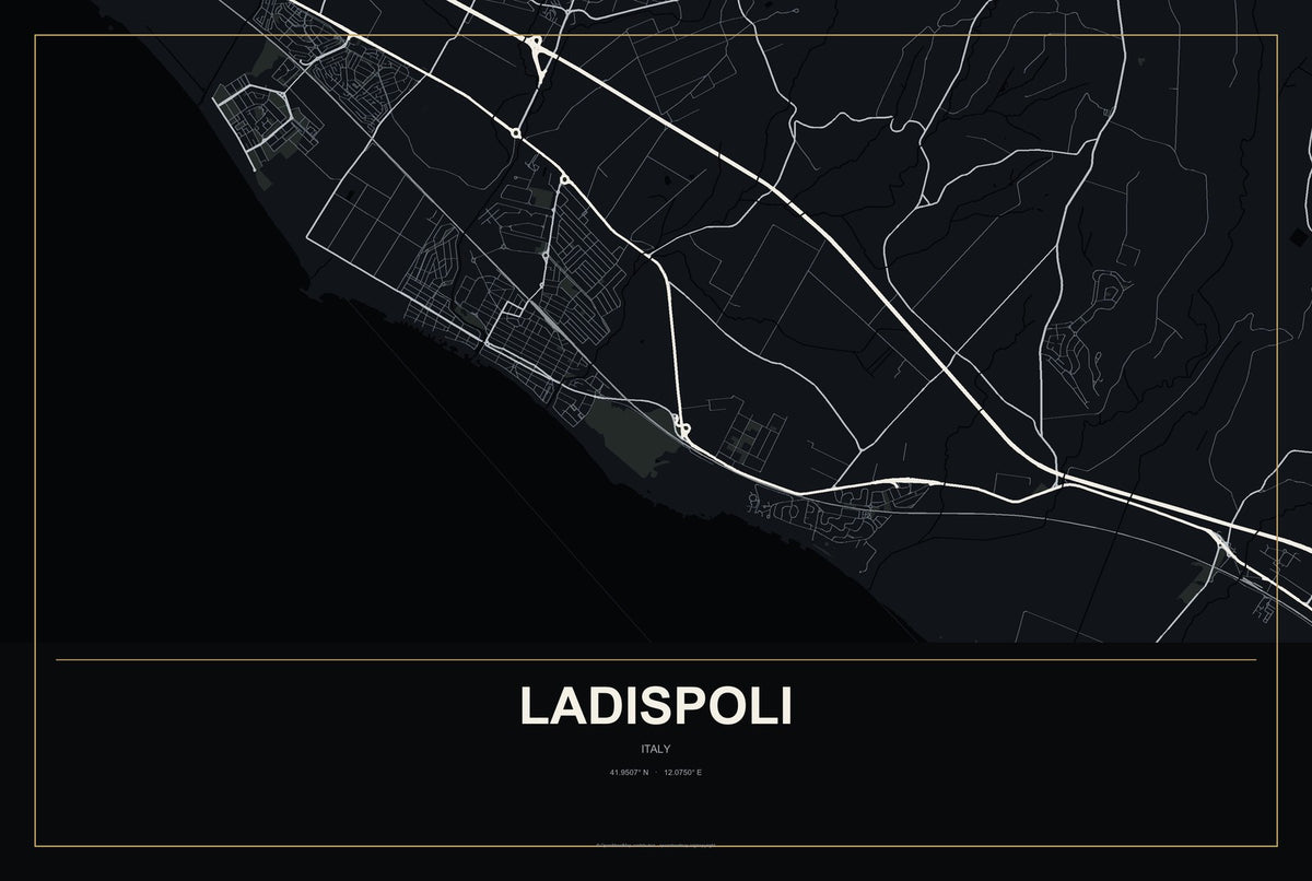 Ladispoli, Italy City Map Aluminum Sign in Metropolitan Noir style