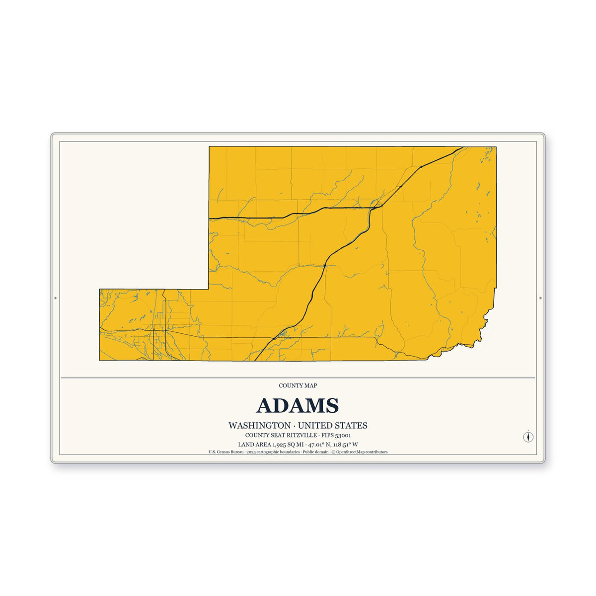 Adams County, Washington Map Aluminum Sign in Citrine Modern style