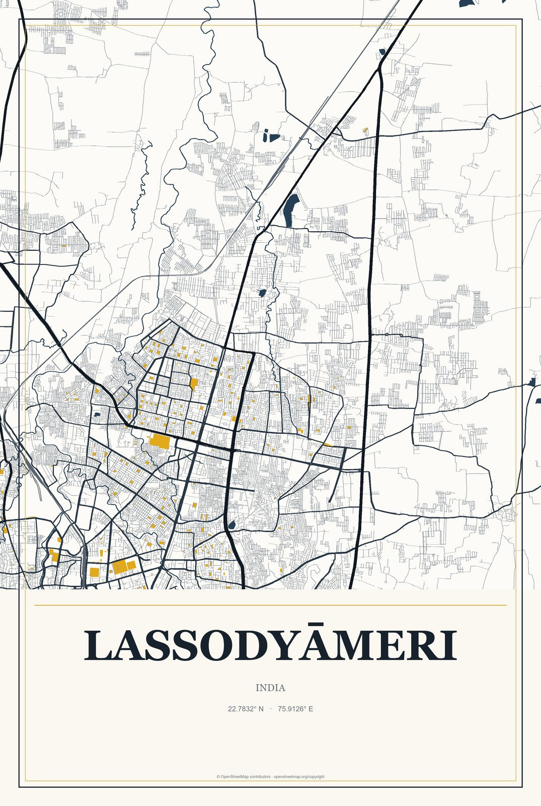 Lassodyāmeri, India City Map Aluminum Sign in Citrine Modern style