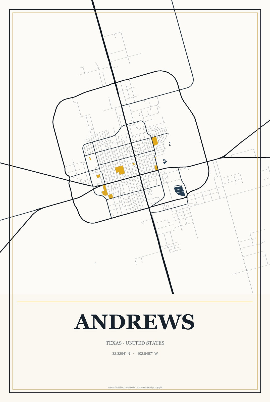 Andrews, Texas City Map Aluminum Sign in Citrine Modern style