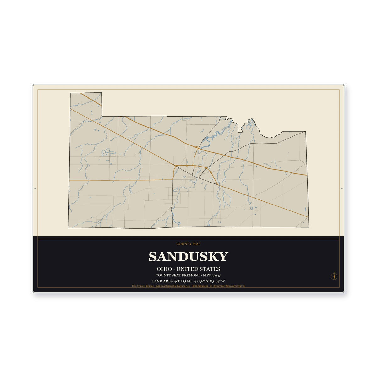 Sandusky County, Ohio Map Aluminum Sign in Museum Plaque style