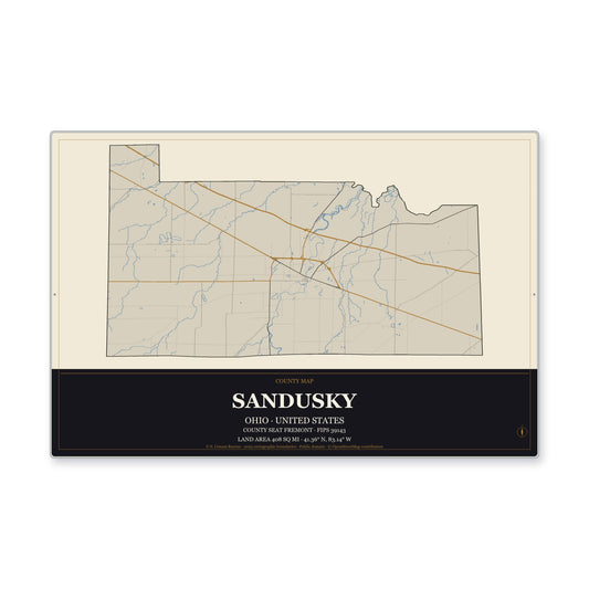Sandusky County, Ohio Map Aluminum Sign in Museum Plaque style