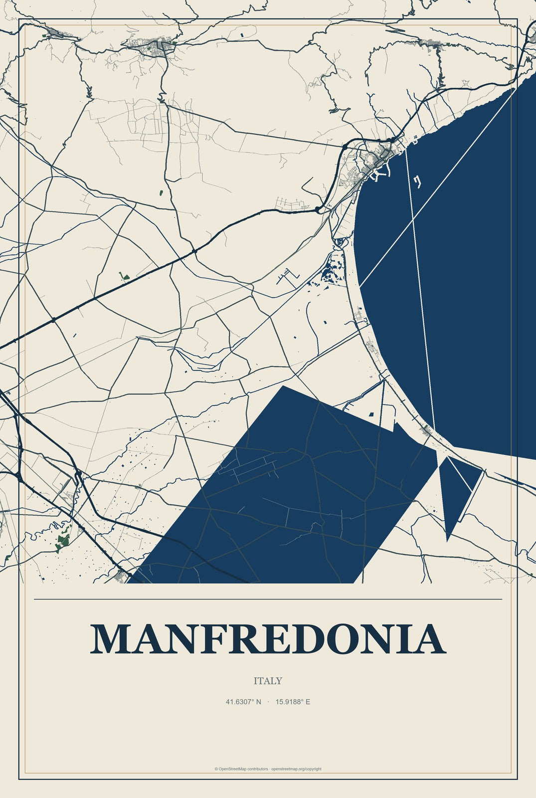 Manfredonia, Italy City Map Aluminum Sign in Coastal Cutout style