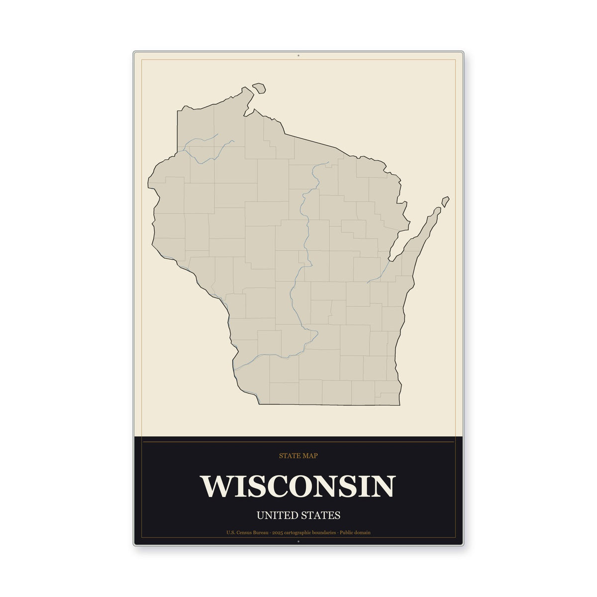 Wisconsin state map aluminum sign in Museum Plaque style